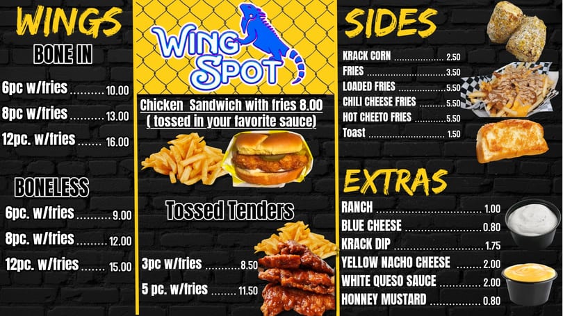 Wing Spot menu with images of chicken sandwiches, fries, tenders, and dipping sauces.