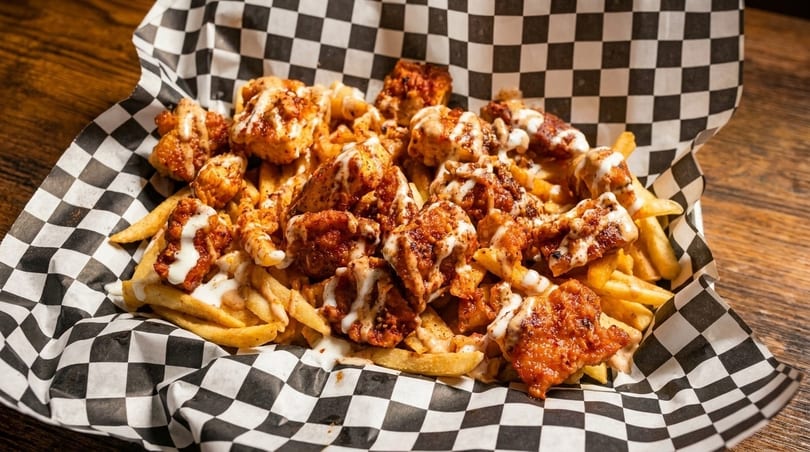 Crispy chicken bites and golden fries drizzled with white sauce, served in checkered paper.